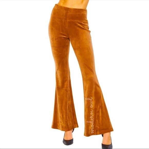 Neutral Tan Camel Velvet Flare Casual Dressy High Waist Yoga Lounge Pants - Picture 6 of 9